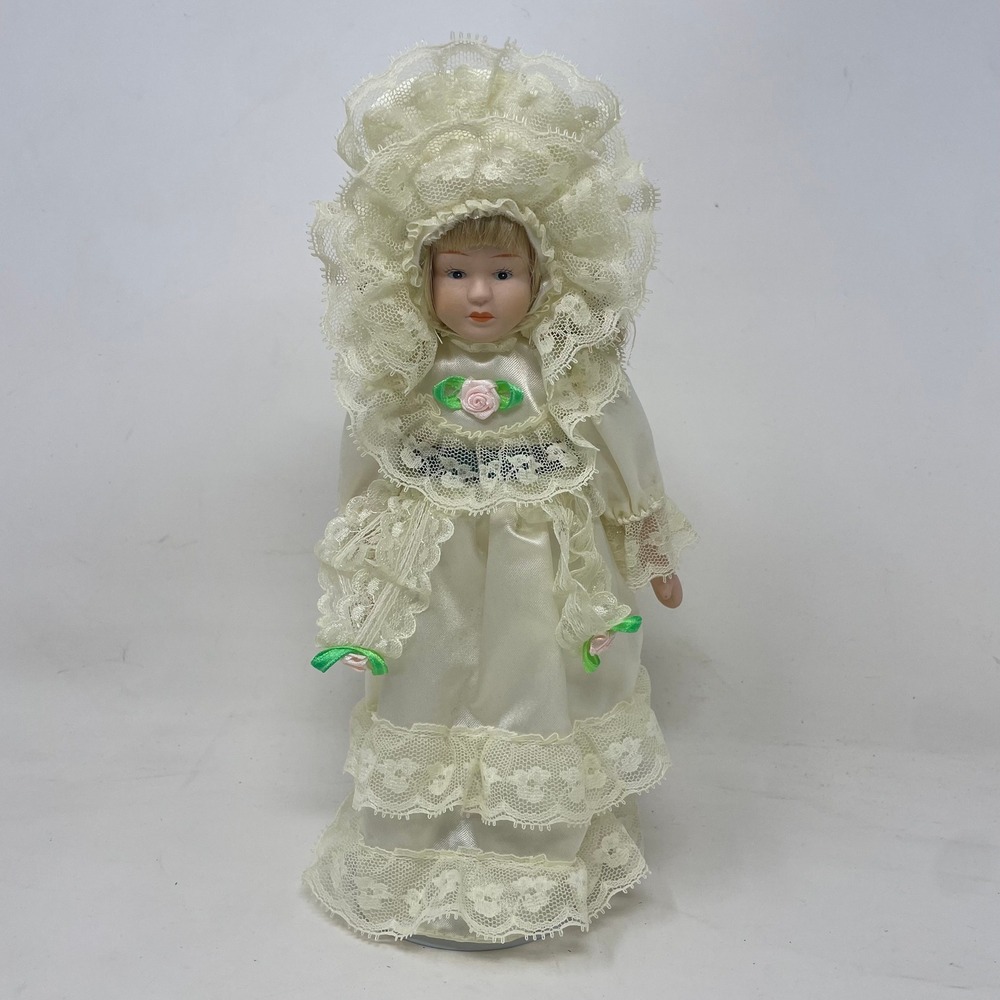 Vintage Porcelain Collector Doll 11.5 Inch Ivory Lace Satin Gown with Stand